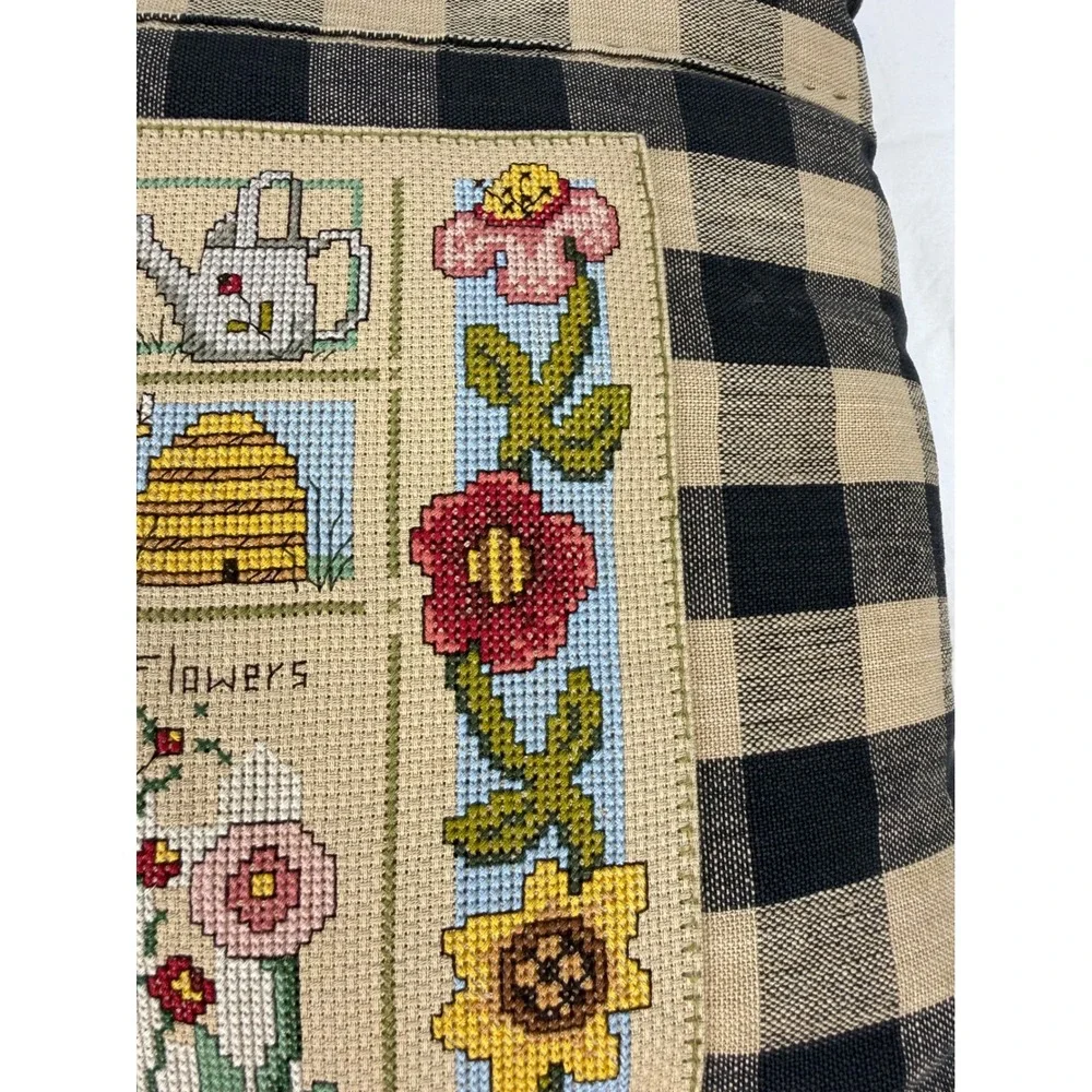 Vintage Cross‎ Stitch Garden Thyme Throw Pillow Buffalo Check Farmhouse Decor